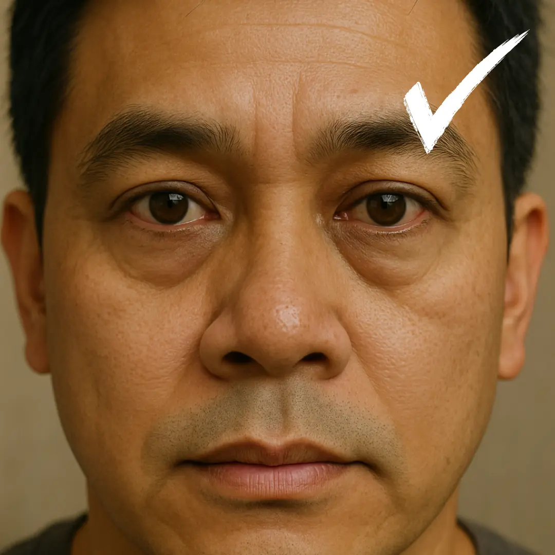 Front-view example of a patient with visible under-eye fat bulges who may be assessed for Eyebag Surgery