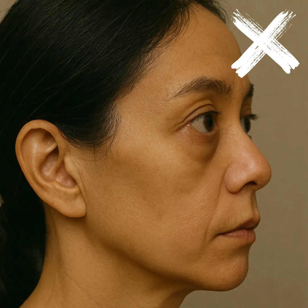 Side-view example of a negative-vector eye position requiring careful Lower Blepharoplasty assessment